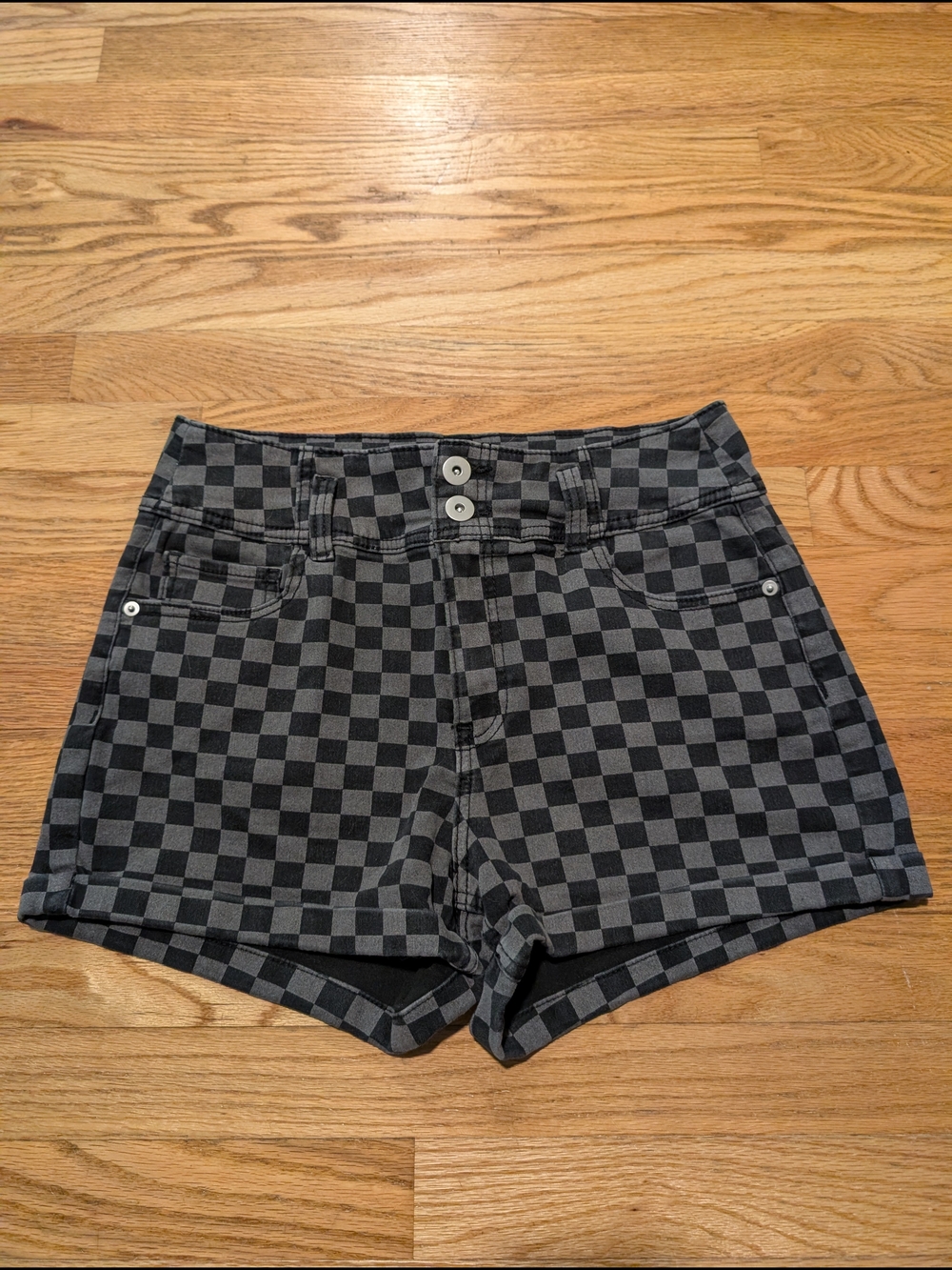 Women's Checkerboard High-Rise Shorts - Black/Gray